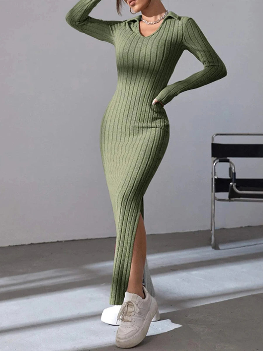 Women's Fall Winter Knitted Dress Long Sleeve Lapel Collar Solid Color Bodycon Long Dress Going Out Dress