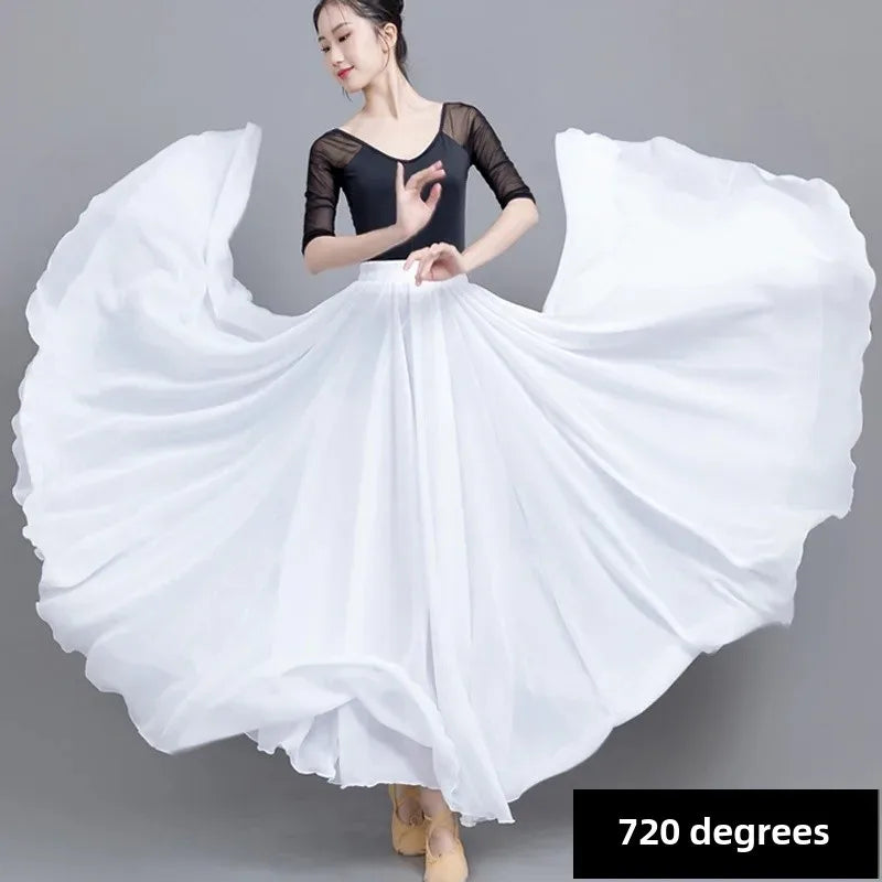 720 Degree Wide Dancing Skirt Chiffon Double Layer Semi-Long Dress Women's Solid Color Xinjiang Dance Skirt