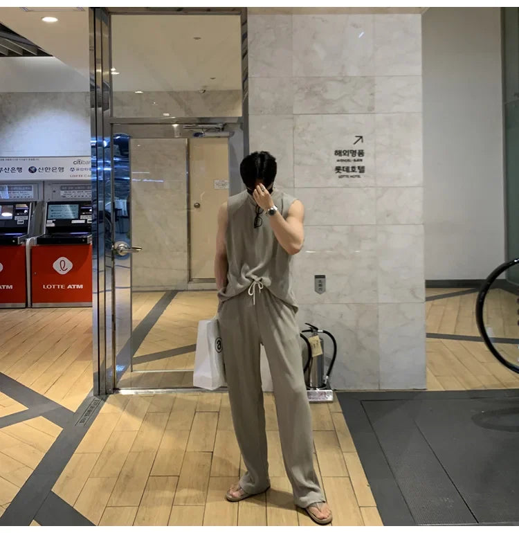New Summer Clothing Mens Casual Tank Tops Set Luxury Korean Streetwear O Neck Solid Drape Vest and Trousers 2 Piece Suit