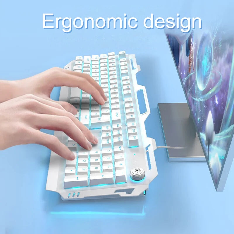 EWEADN Wired Membrane Keyboard, USB All-Metal Panel  Computer Keyboards with Multimedia knob and mobile phone holder,for Gaming
