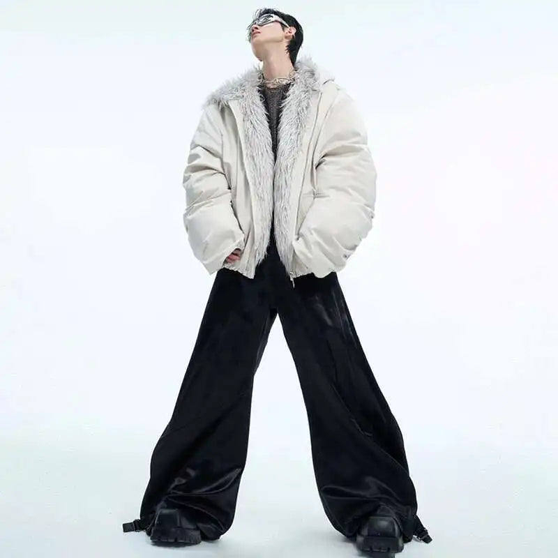 LUZHEN Winter Hooded Cotton Coat Casual Solid Color Faux Fur Patchwork Design Personalized Warm Short Baseball Jacket Men LZ7041