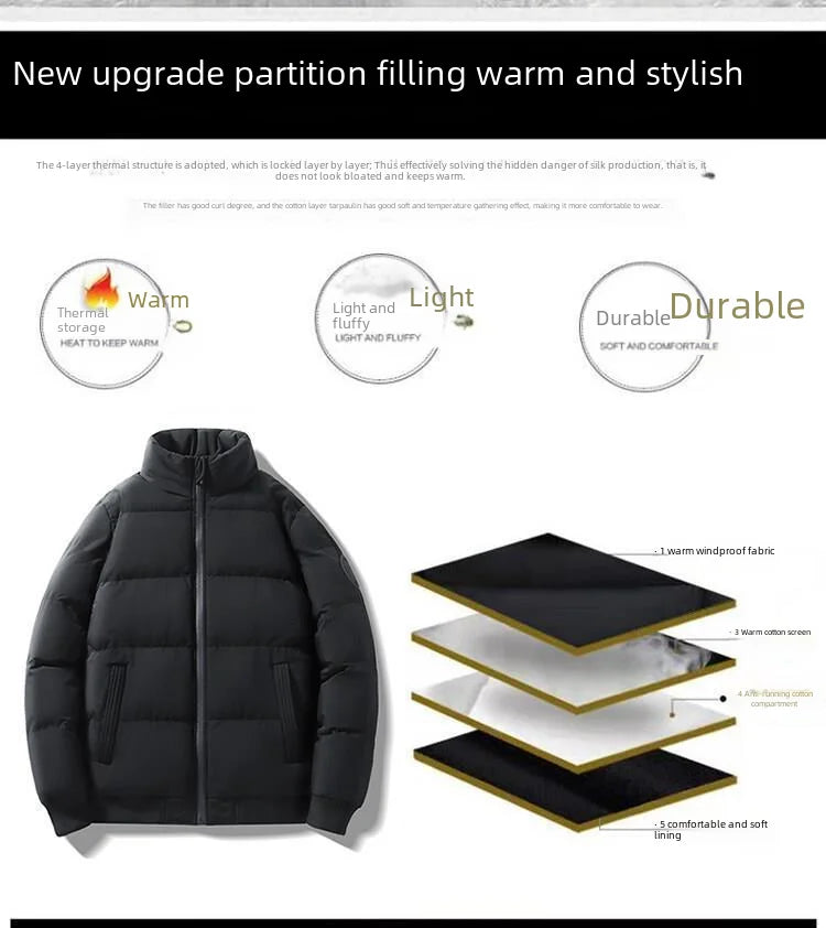 Men's Casual Cotton-padded Coat Winter Warm Thickened Solid Color Jacket Stand Collar Trendy Korean Style Fit Padded Jacket