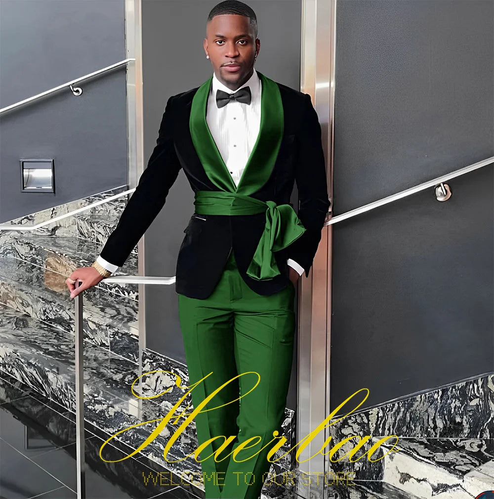 Black Mens Wedding Tuxedo Velvet Suit Two Piece Shawl Collar Jacket Pants Formal Groom Party Blazer