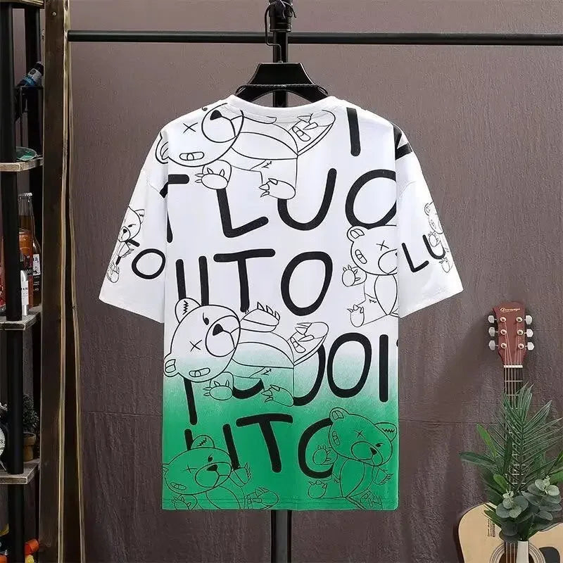 T-shirt for Men Summer Manga Tshirt Tops Bear Loose Graffiti Tee Fashion Goth Print Men's Short Sleeve Male Casual Clothes