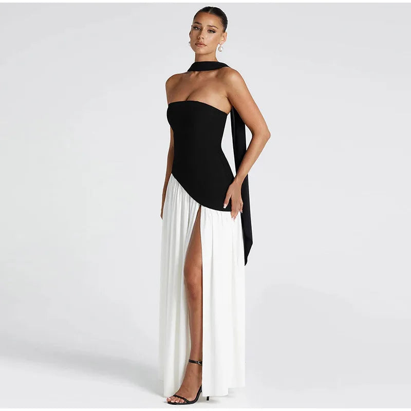 Elegant Yellow Gauze Off Shoulder Scarf Neack Long Dress Women Fashion Sleeveless A-line Vestido 2025 Summer Vocation Party Robe