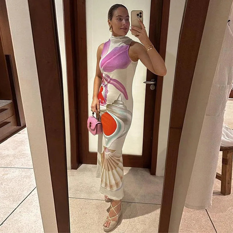 2024 Spring Summer Women long Dress Turtleneck Print Slit Round Neck Sleeveless Slim Fit Maxi Dress Robes Female Party Vestidos