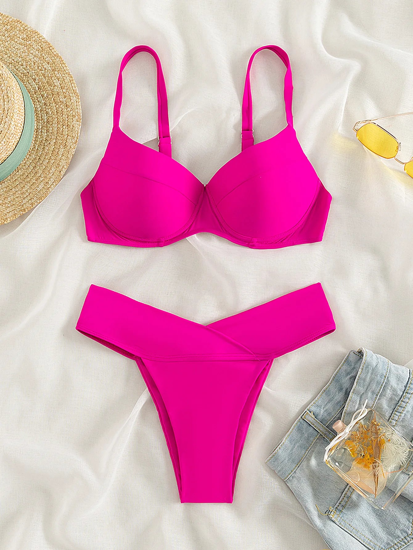 Vigoashely 2025 Sexy Pink Strapped Bikini High Waist Cut Push UP Swimsuit Women Swimwear Biquinis Backless Beach Bathing Suit