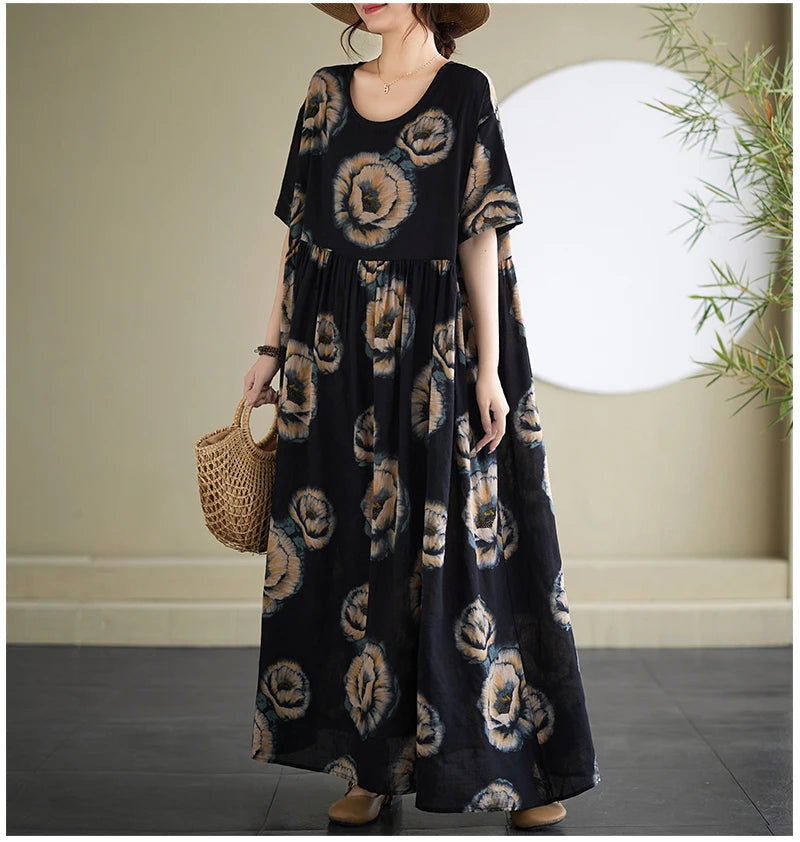 Oversized Summer Bohemian Style Long Dress Women Ruffle Pleated Fashion Flower Print Ladies Dresses Loose Casual Woman Dress