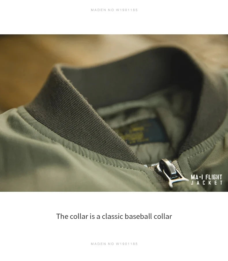 Maden Retro MA1 Bomber Jacket Thickened Splicing Baseball Flight Coat with Inner Pocket for Men's Winter Cotton Padded Jacket