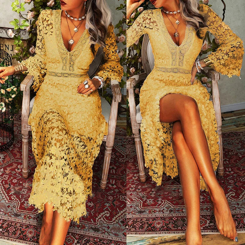 Sexy Autumn Lace Long Sleeve V-neck Big Show Long Dress Women Polyester Fabric High Waist Hollow Out Design Summer Style