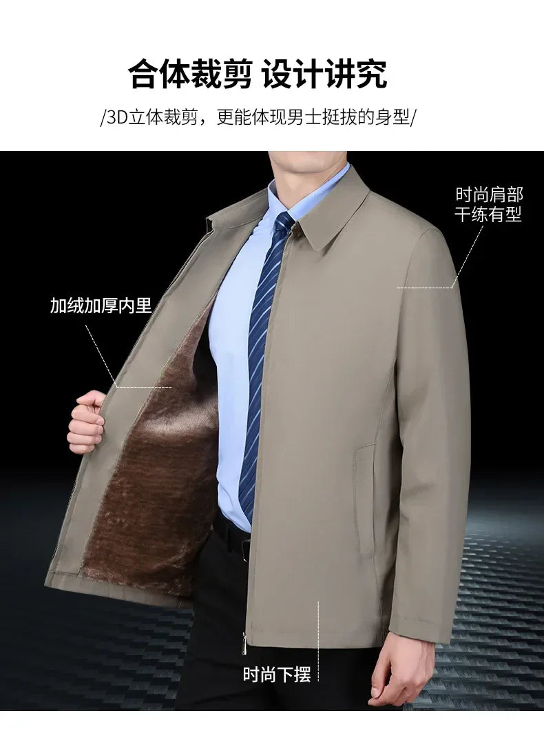 Men Business Jacket Parkas Mid-aged Men's Lapel Jacket with Zipper Pockets for Formal Business or Casual Wear in Autumn Winter