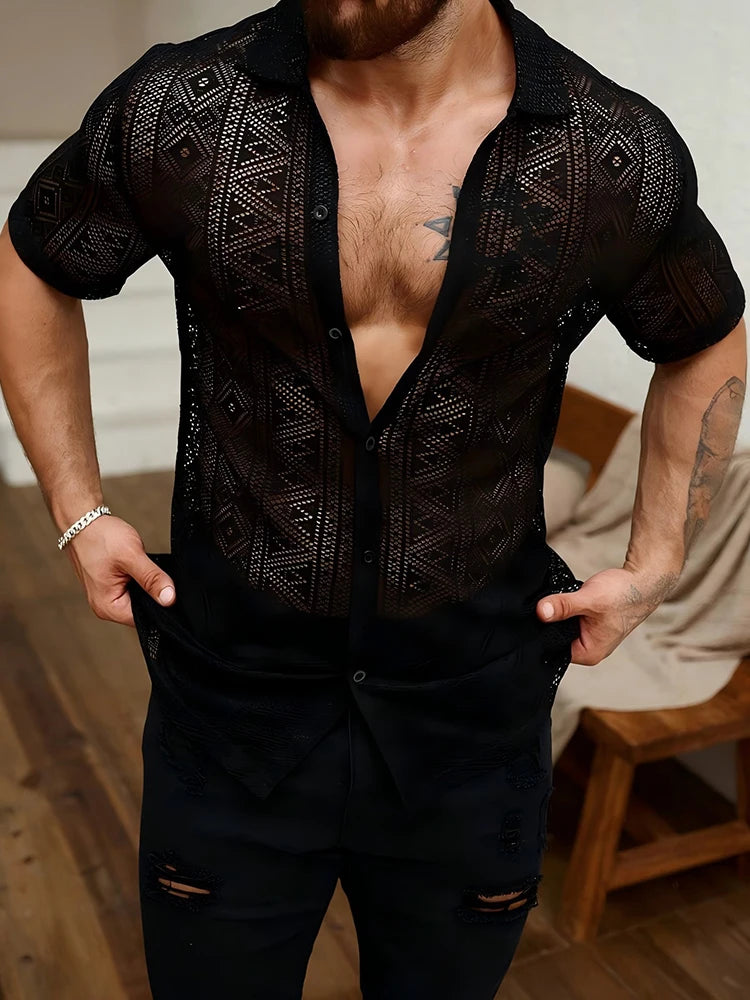 2025 Summer Trendy Mens Mesh Shirts Stylish Short Sleeve Hollow Out Mesh Shirt Vacation Men Sexy See Through Lace Cardigan Tops