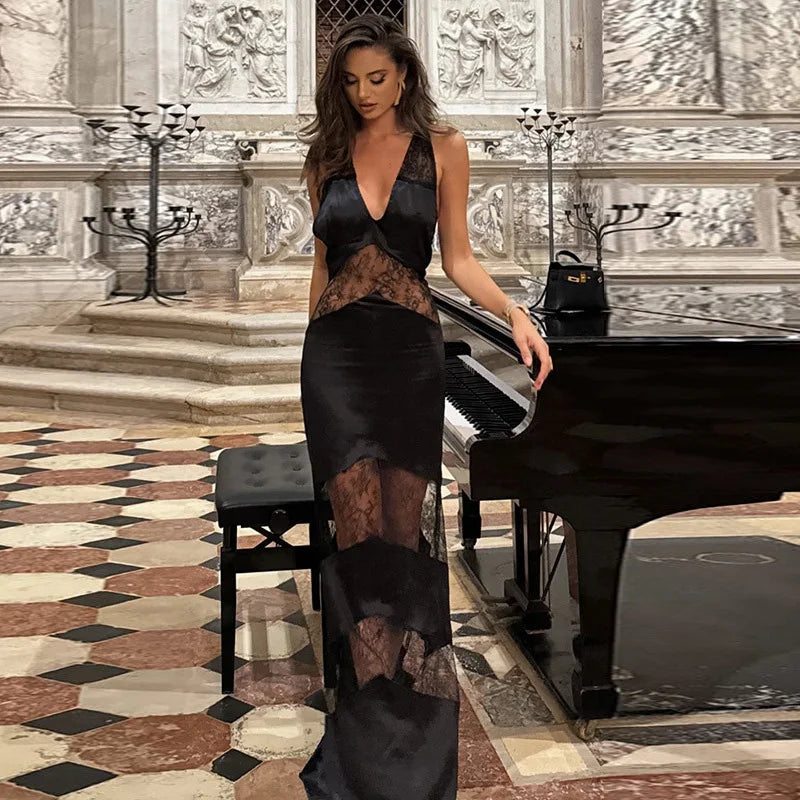 New Sexy Lace V-neck Sling Long Dress Women Retro Black Perspective Sleeveless Patchwork Maxi Dresses Female Chic Street Party