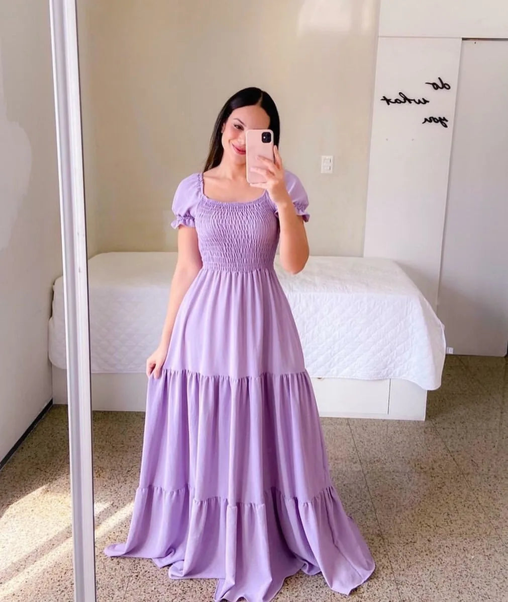 2025 Spring Summer New Women Closing Solid Color Square Collar Short Sleeve Long Dress Vestidos Largos vestidos verano moda 2024