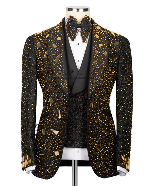 Luxury Beaded Crystals Men Suits Shawl Lapel Groom Tuxedos 3 Pieces Sets Customized Costume Homme Party Wedding Prom Blazers