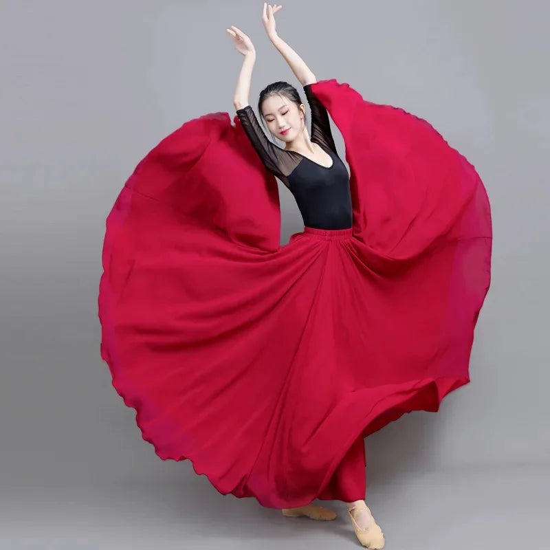 720 Degree Wide Dancing Skirt Chiffon Double Layer Semi-Long Dress Women's Solid Color Xinjiang Dance Skirt
