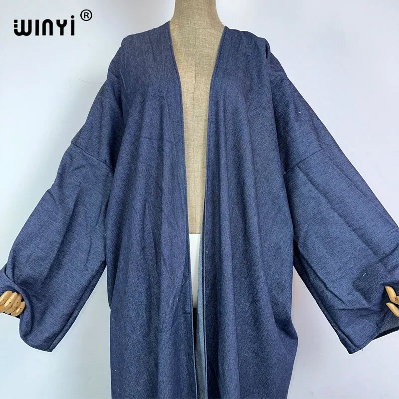 WINYI Embroidered soft denim cardigan Women coat Loose Long Dress elegant Party Boho maxi beach Holiday Swimming Cover Up Kimono
