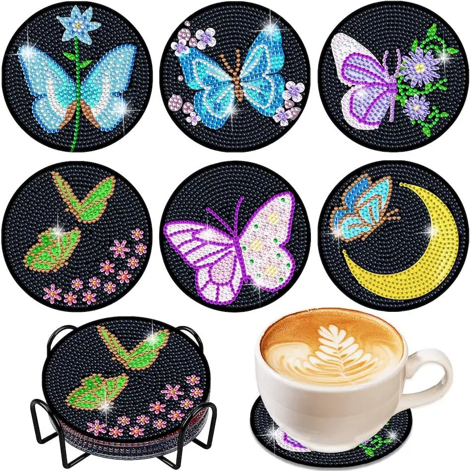 PhotoCustom 6pc/Sets Diamond Painting Coasters 5D DIY Round Diamond Mosaic Mandala Cup Coasters With Holder Kitchen Accessories