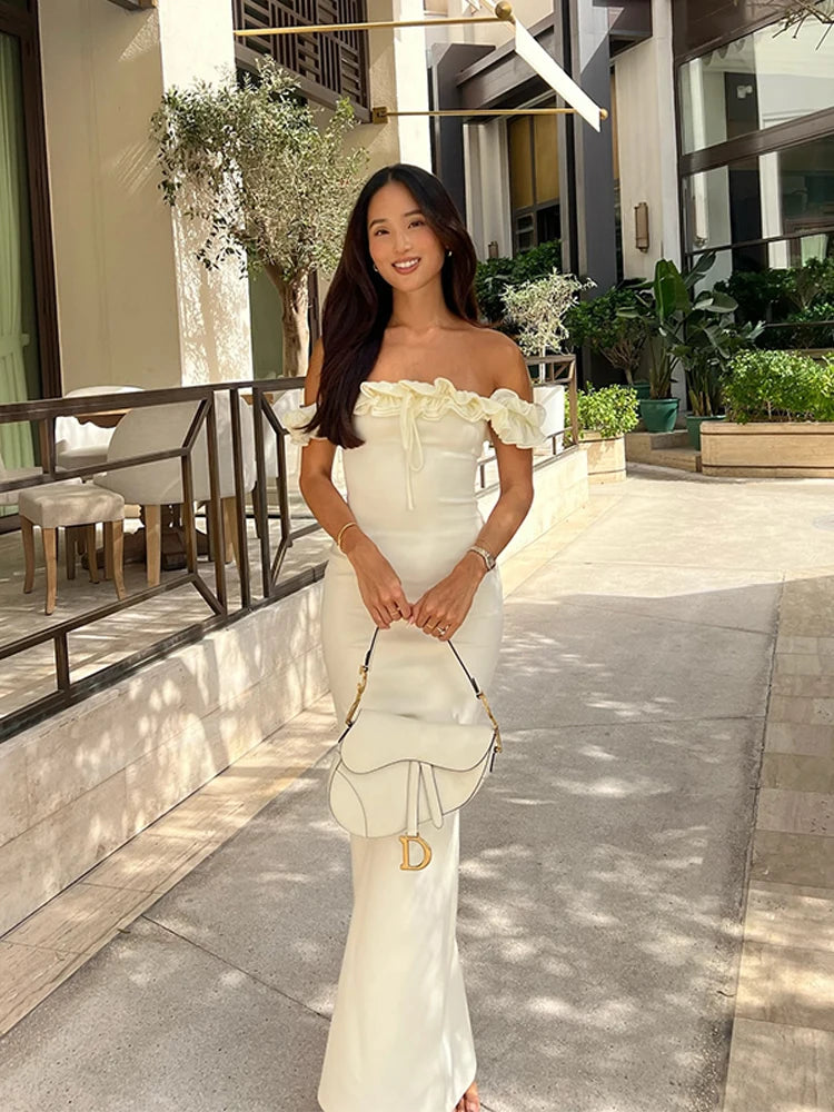 Sexy Off Shoulder Ruffles Women's Dresses Fashionable Lace Up Solid Slim Fit Long Dress Female Summer Beach Holiday Party