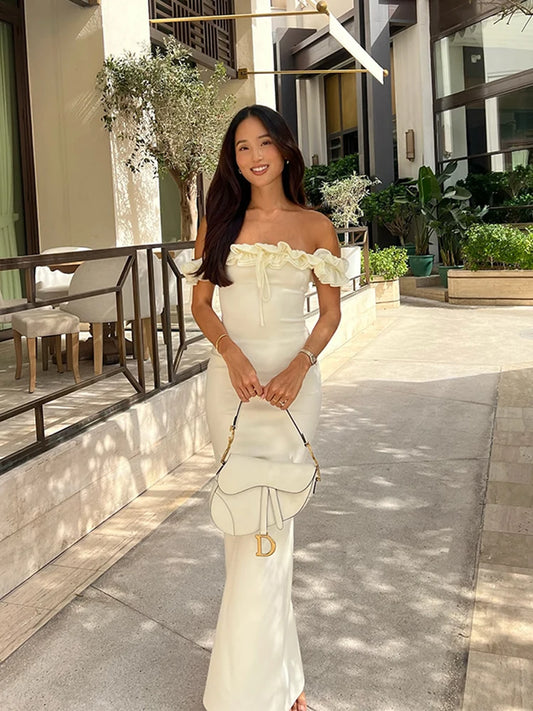 Sexy Off Shoulder Ruffles Women's Dresses Fashionable Lace Up Solid Slim Fit Long Dress Female Summer Beach Holiday Party