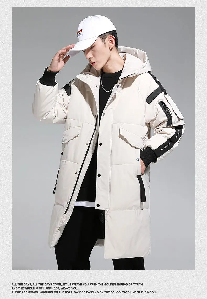 Men's Parkas Hooded New Over-the-knee Overcoat Thickened Mid-length Jacket Zipper Buttons Winter White Duck Down Jackets