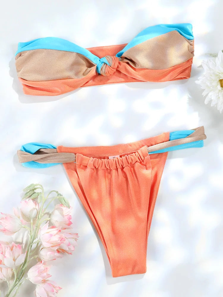 Patchwork Bikini Set for Women, Bandeau Swimsuit, Push Up Swimwear, Sexy Bikinis, High Cut Thong, Brazilian Beachwear, New