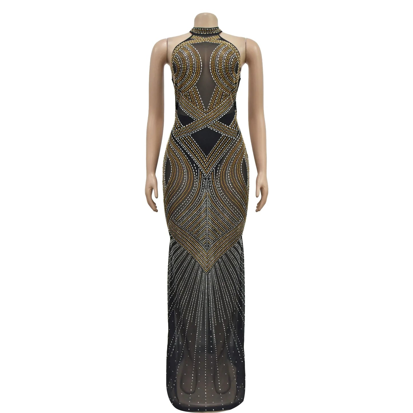 Fashion Women's Wear Solid Color Mesh Hot Rhinestone Halter Maxi Dress Sleeveless Formal Evening Long Dress Skinny Slim