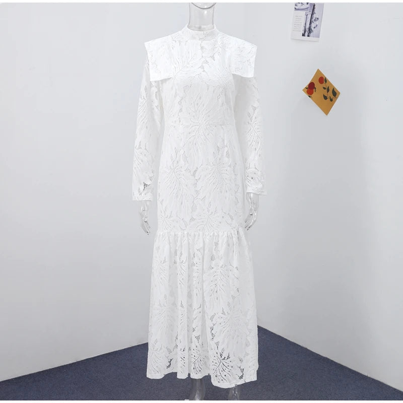 Elegant Lace Hollow Out Long Dress Women High Collar Long Sleeve Slim Solid Dresses 2025 Spring Summer Patchwork Lady Party Robe
