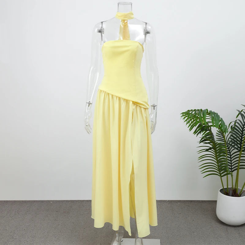 Elegant Yellow Gauze Off Shoulder Scarf Neack Long Dress Women Fashion Sleeveless A-line Vestido 2025 Summer Vocation Party Robe