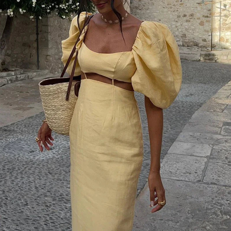 Women Sexy YellowSlash Neck Hollow Straight Show Waist Party Dresses Summer Elegant High waisted Slim Women Long Dress Vacation