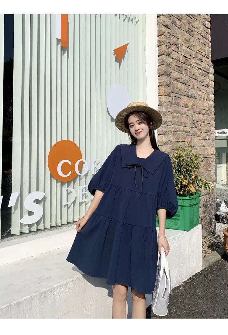 Vintage Pleated Lacing Loose Mini Dress Summer New Half Sleeve Solid Color Sweet Casual Dresses Fashion Korean Women Clothing