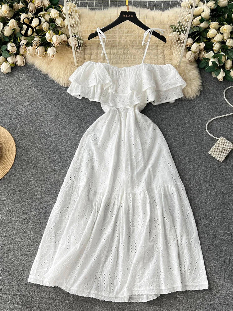 SINGREINY High Street Cotton Embroidery Long Dress Women Hollow Out Backless Beach Sundress Fashion Off the Shoulder Sexy Dress