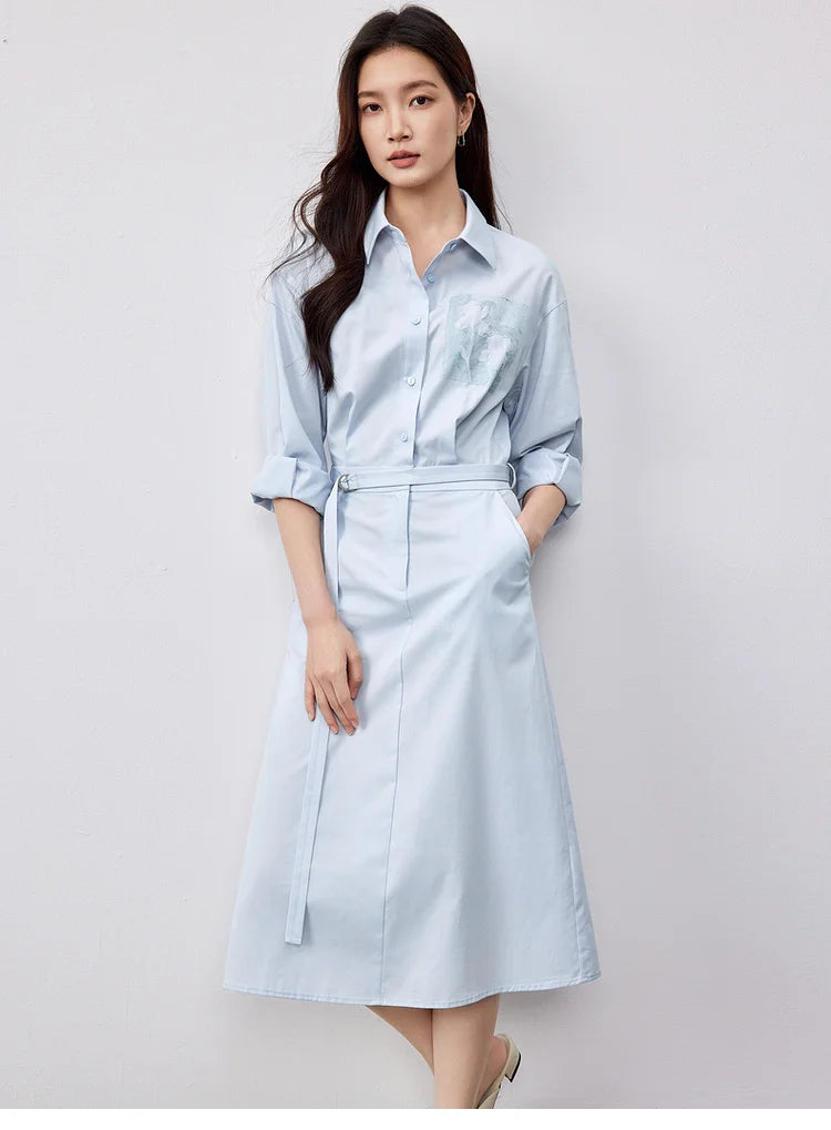 SENTUBILA Lyocell Shirt Dresses Womens 2025 Spring Cotton Embroidery A-line Turn Down Collar Solid Wrap Long Dress 151L58233
