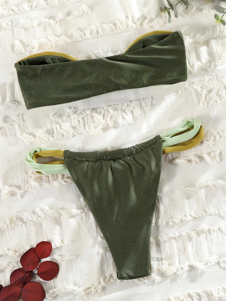 Patchwork Bikini Set for Women, Bandeau Swimsuit, Push Up Swimwear, Sexy Bikinis, High Cut Thong, Brazilian Beachwear, New