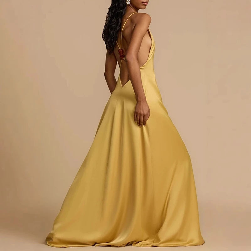 Sexy Backless Bandage Beading Long Dress Woman Spring Deep V Neck Hollow Loose Party Dress New Summer Spaghetti Strap Maxi Dress