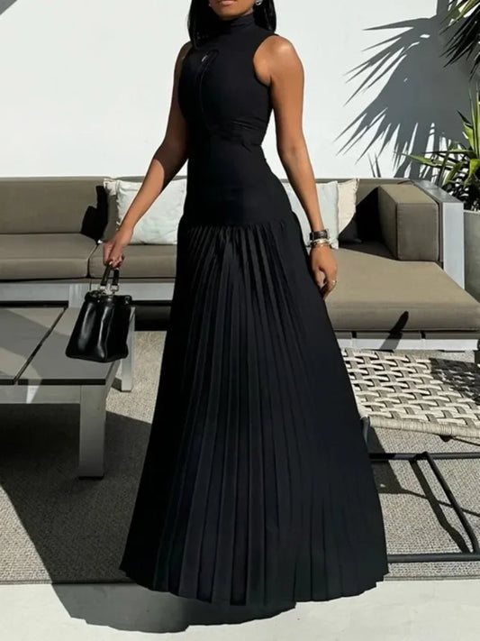 Bonboho 2024 New Summer Dress for Women High Neck Sleeveless Skinny Long Dress Solid Black High Waist Pleated Party Dresses