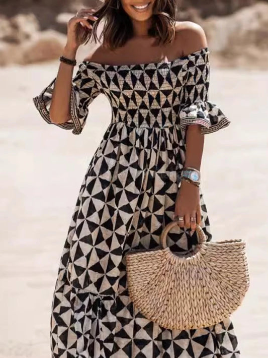 Women's One Line Neck Off Shoulder Elegant Printed Waist and Ankle Long Dress Women's Fashion Dress