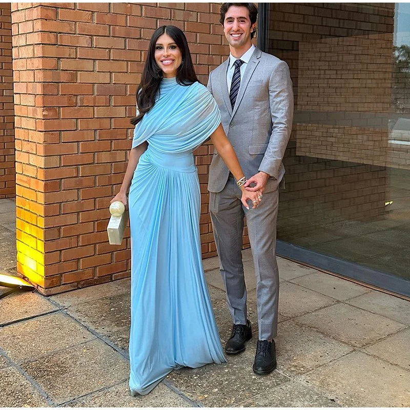 Shawl Long Dress Women Elegant Asymmetrical Chiffon Pleat Slim Waist Maxi Dresses 2025 Summer New Female Evening Party Prom Gown