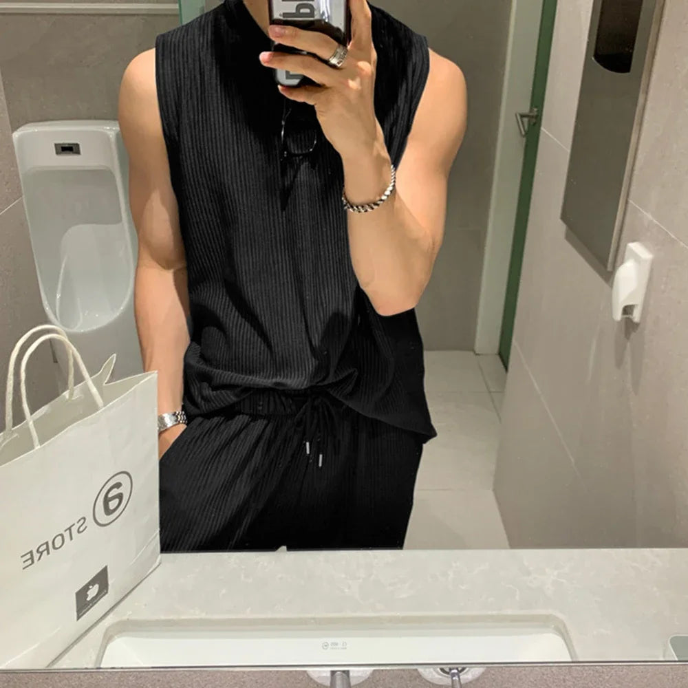 New Summer Clothing Mens Casual Tank Tops Set Luxury Korean Streetwear O Neck Solid Drape Vest and Trousers 2 Piece Suit