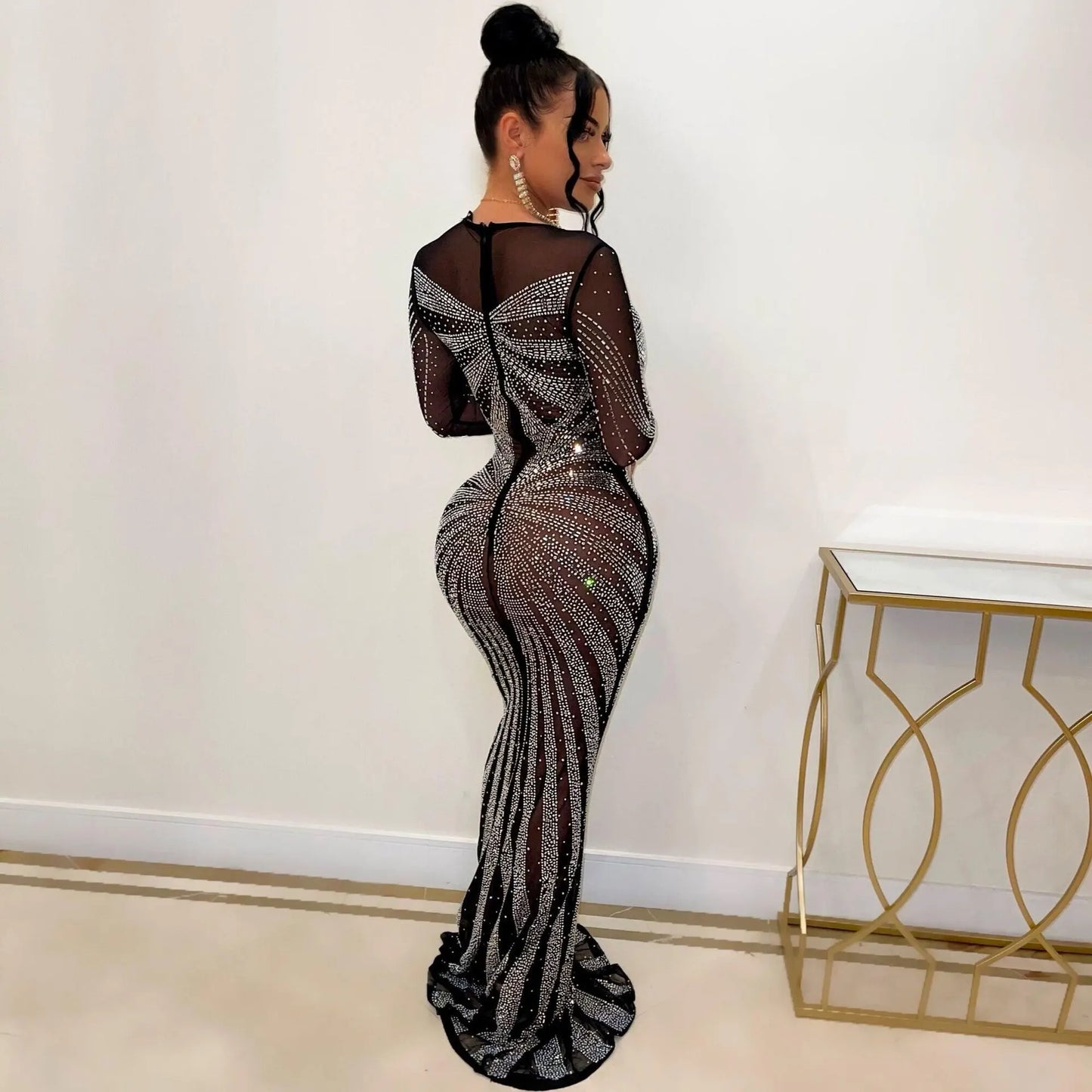 Sexy Rhinestone Crystal Mesh See Through Maxi Dress New Women Long Sleeve Birthday Night Clubwear Long Dress Wedding Party Dress