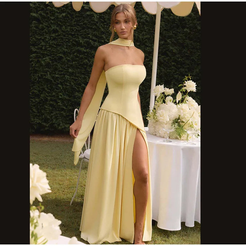 Elegant Yellow Gauze Off Shoulder Scarf Neack Long Dress Women Fashion Sleeveless A-line Vestido 2025 Summer Vocation Party Robe