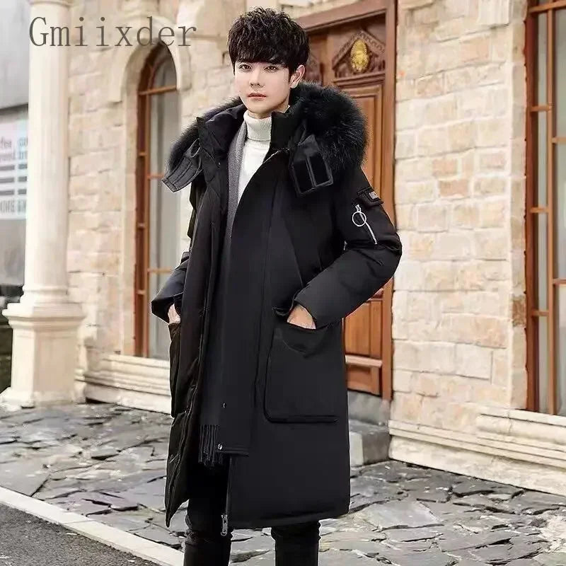 Autumn Winter Thickened Warm Cold-proof Mid-length Over-the-knee Jackets Men's Loose Casual High Street Parkas Male Clothes