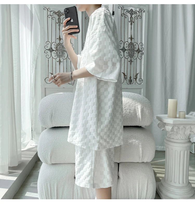 Men's Set Fashion Summer Loose Casual Plaid T Shirts And Shorts High Quality Korean Luxury Clothing Men's Clothes Big Size 5XL-M