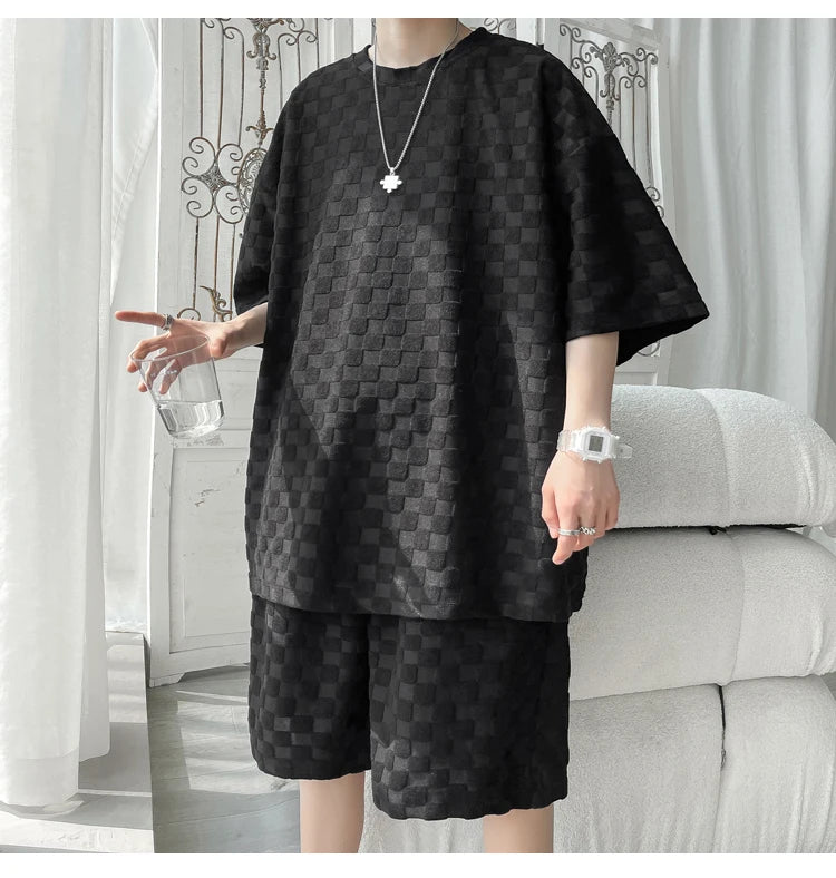 Men's Set Fashion Summer Loose Casual Plaid T Shirts And Shorts High Quality Korean Luxury Clothing Men's Clothes Big Size 5XL-M