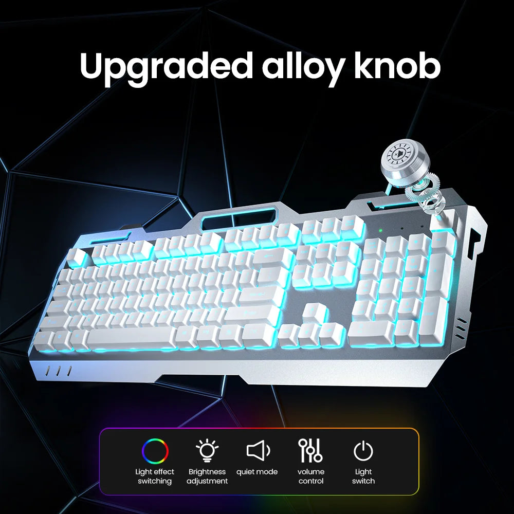 EWEADN Wired Membrane Keyboard, USB All-Metal Panel  Computer Keyboards with Multimedia knob and mobile phone holder,for Gaming