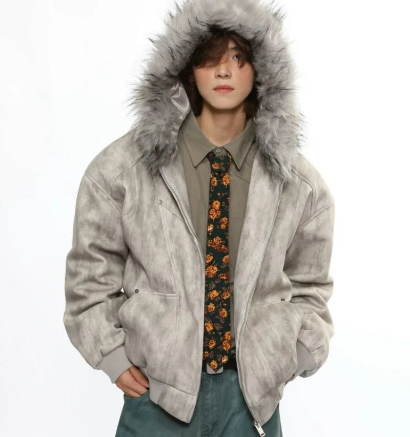 Y2K American New Fashion Solid Color Plus Velvet Padded Cotton-padded Jacket Coat Men Harajuku Hip-hop Popular Casual Couples