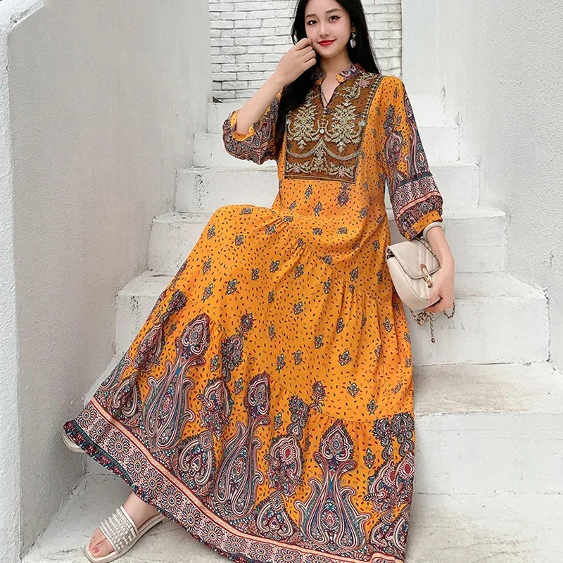 Summer Autumn Robe Maxi Long Dress Women Indian Clothes Boho Cotton Print Floral Boho Korean Style Fashion Casual Vestido Largos