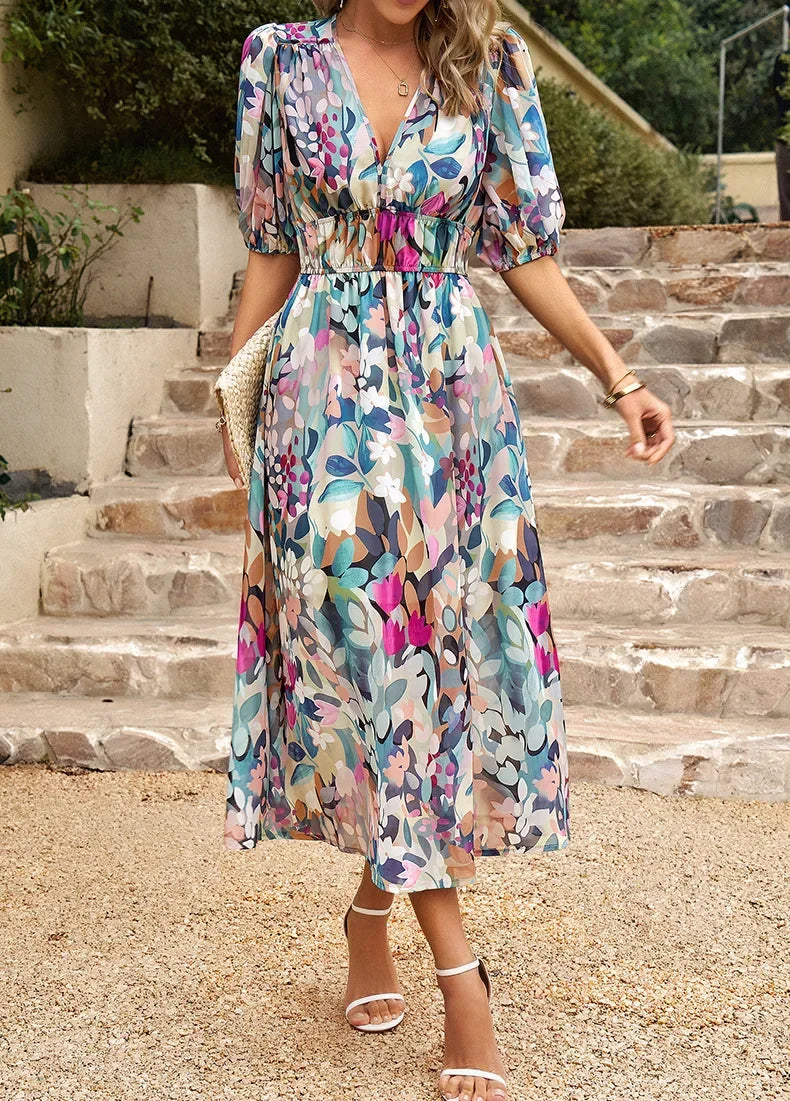 2024 Elegant High Quality Design summer long Dress Waist Cinching V-neck Print Elastic Waist Maxi  Dresses for Women Clothing