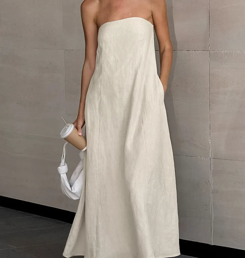 2025 Women Summer Sleeveless Sexy Long Dress 45% Cotton And 55% Linen Loose Style Strapless Maxi Dress Vestidos Clothes