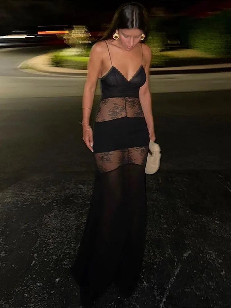 New Sexy Lace V-neck Sling Long Dress Women Retro Black Perspective Sleeveless Patchwork Maxi Dresses Female Chic Street Party
